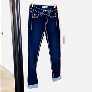 Dark Wash Skinny Jean with white stitching details